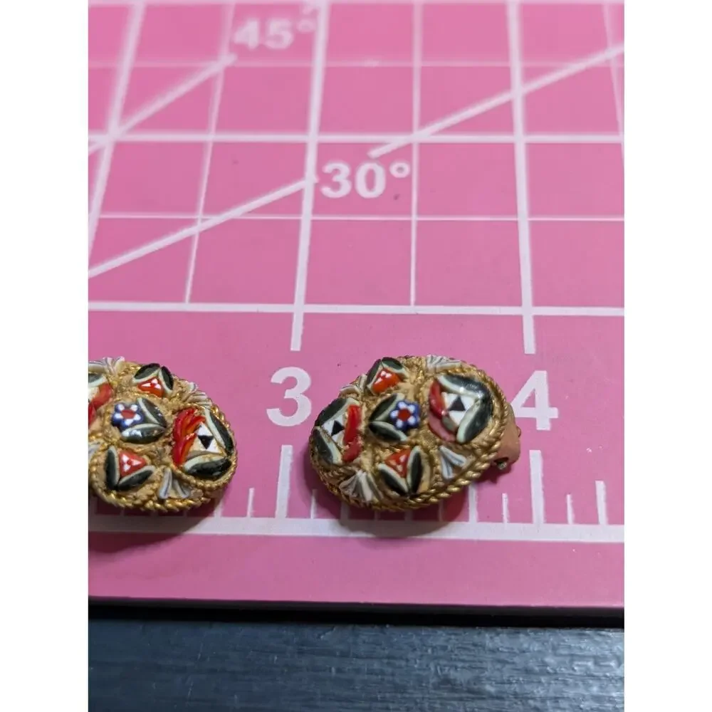 Antique Italian Micro Mosaic Multi Color Brooch & Matching Clip On Earrings